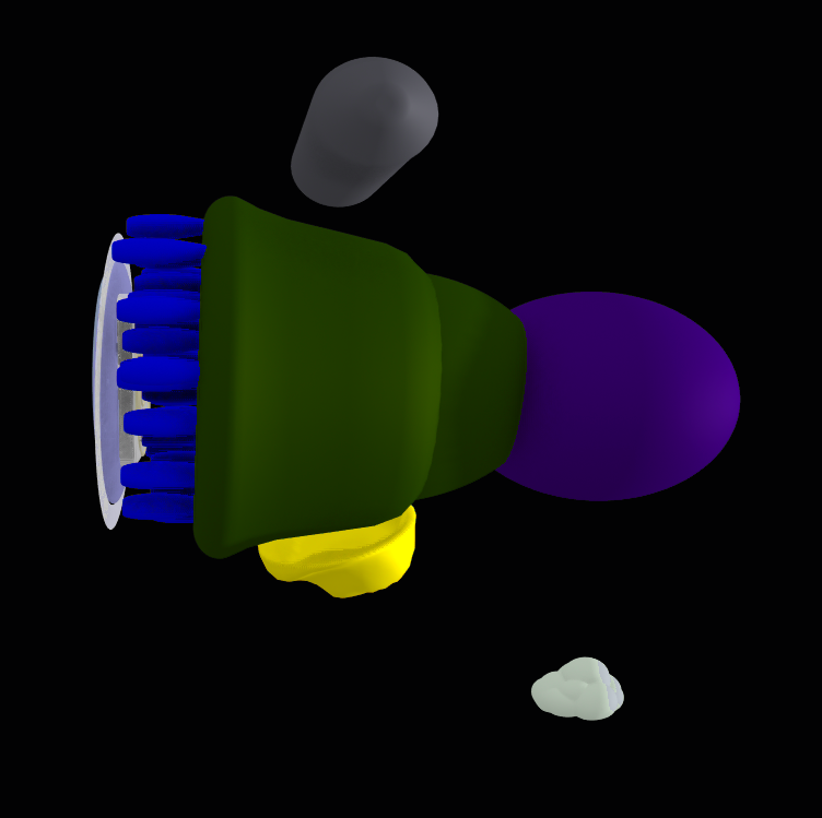 Thinking organ posterior to the 3D brain screen, with tentacle-like ports and check organ