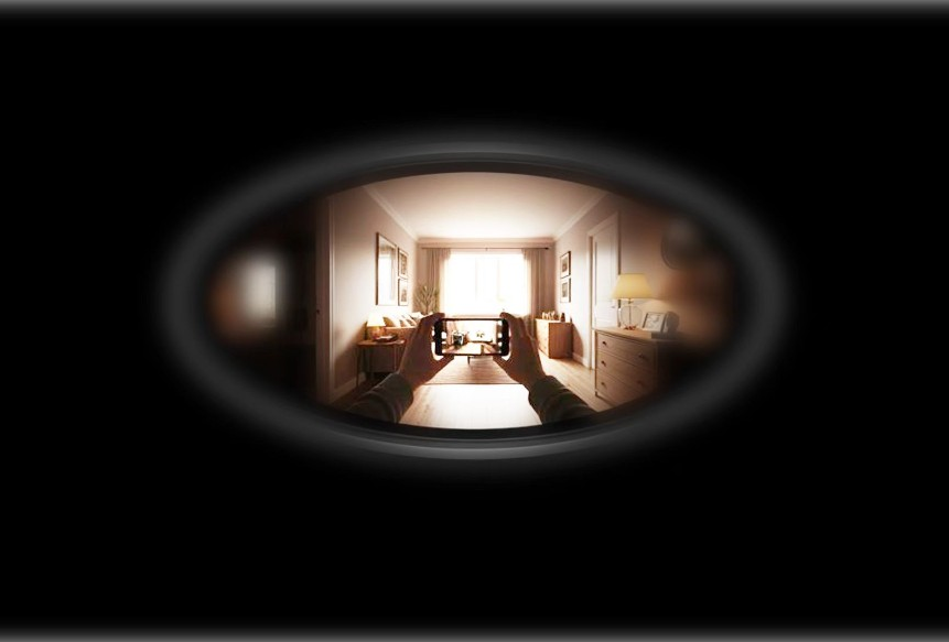 Looking out through a narrow window into a lit room