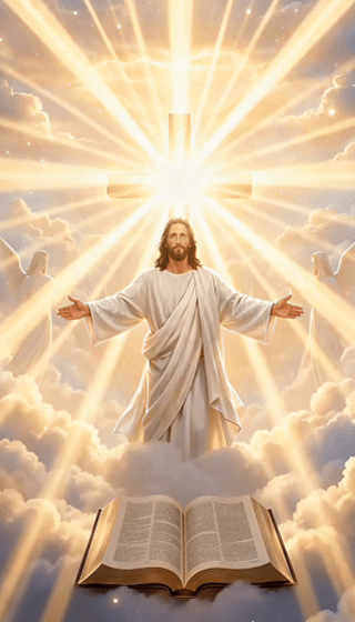 Christ with open arms, light of the cross, and an open Bible