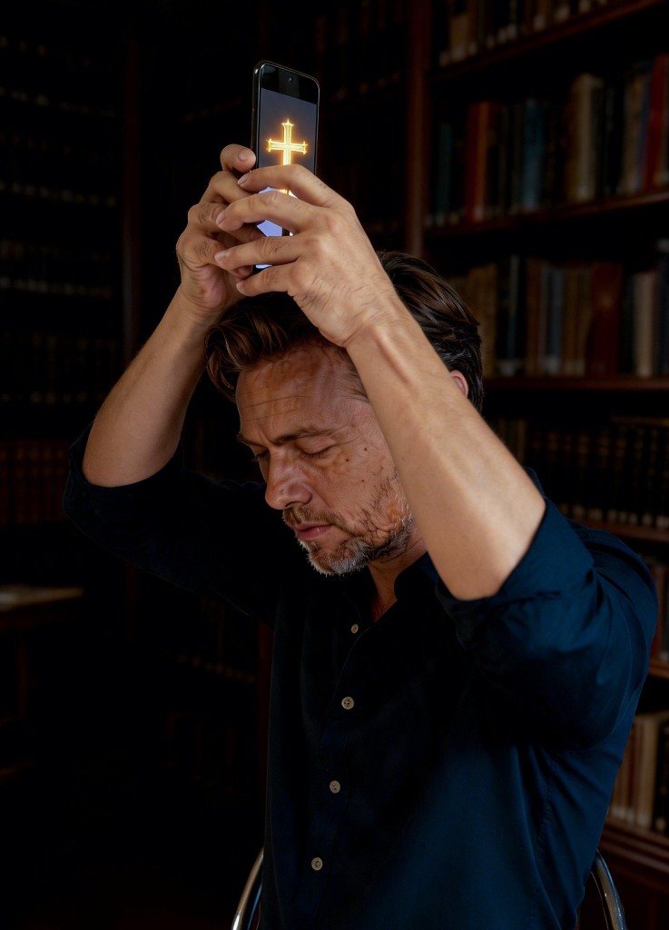 Phone held with both hands just above the forehead