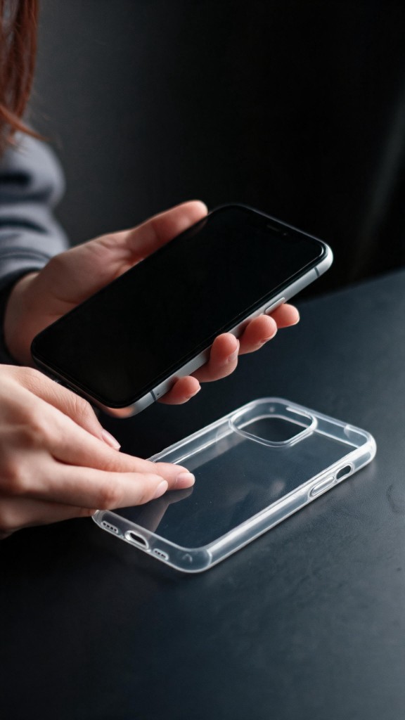 Hands separating a smartphone from its clear protective case
